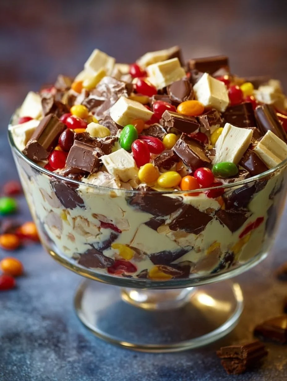 Delicious Snickers Salad with apples, whipped cream, and chocolate bars