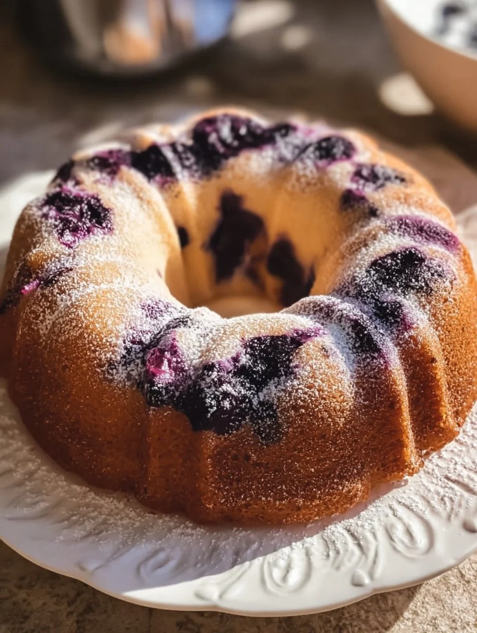 Sour Cream Blueberry Coffee Cake slice on a plate with fresh blueberries
