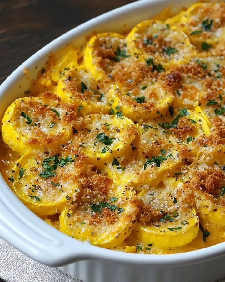 Delicious Southern squash casserole served in a baking dish
