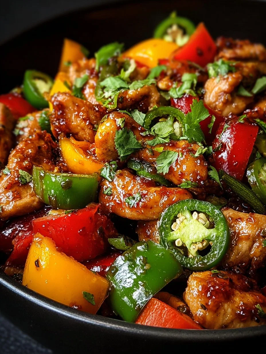Spicy Jalapeño Chicken Stir-Fry dish with colorful vegetables and spices
