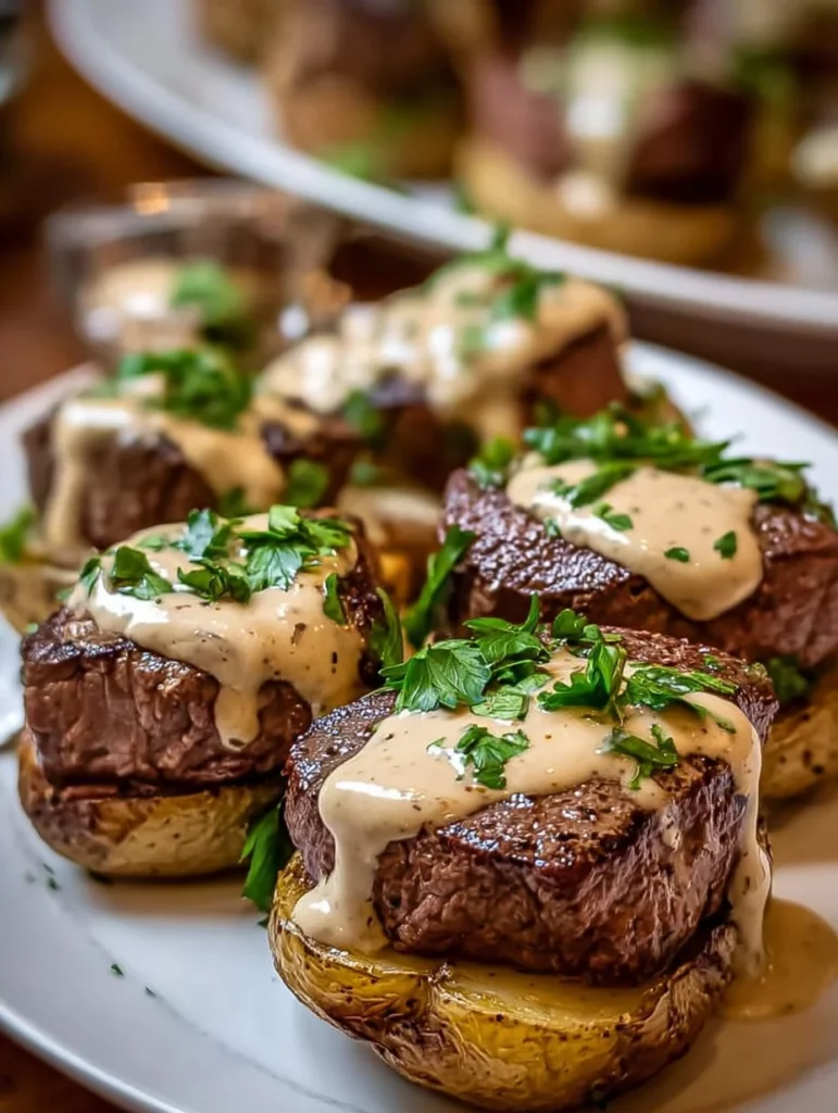 Steak-stuffed baked potatoes drizzled with parmesan cream sauce on a plate