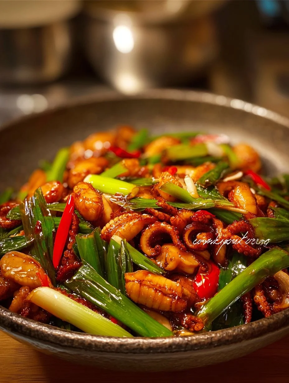 Delicious Stir-fried Squid with Scallions served in a bowl