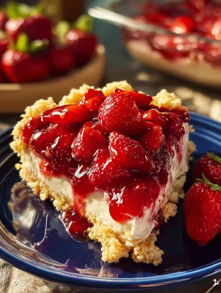 Delicious Strawberry Cheesecake Dump Cake with fresh strawberries and cream