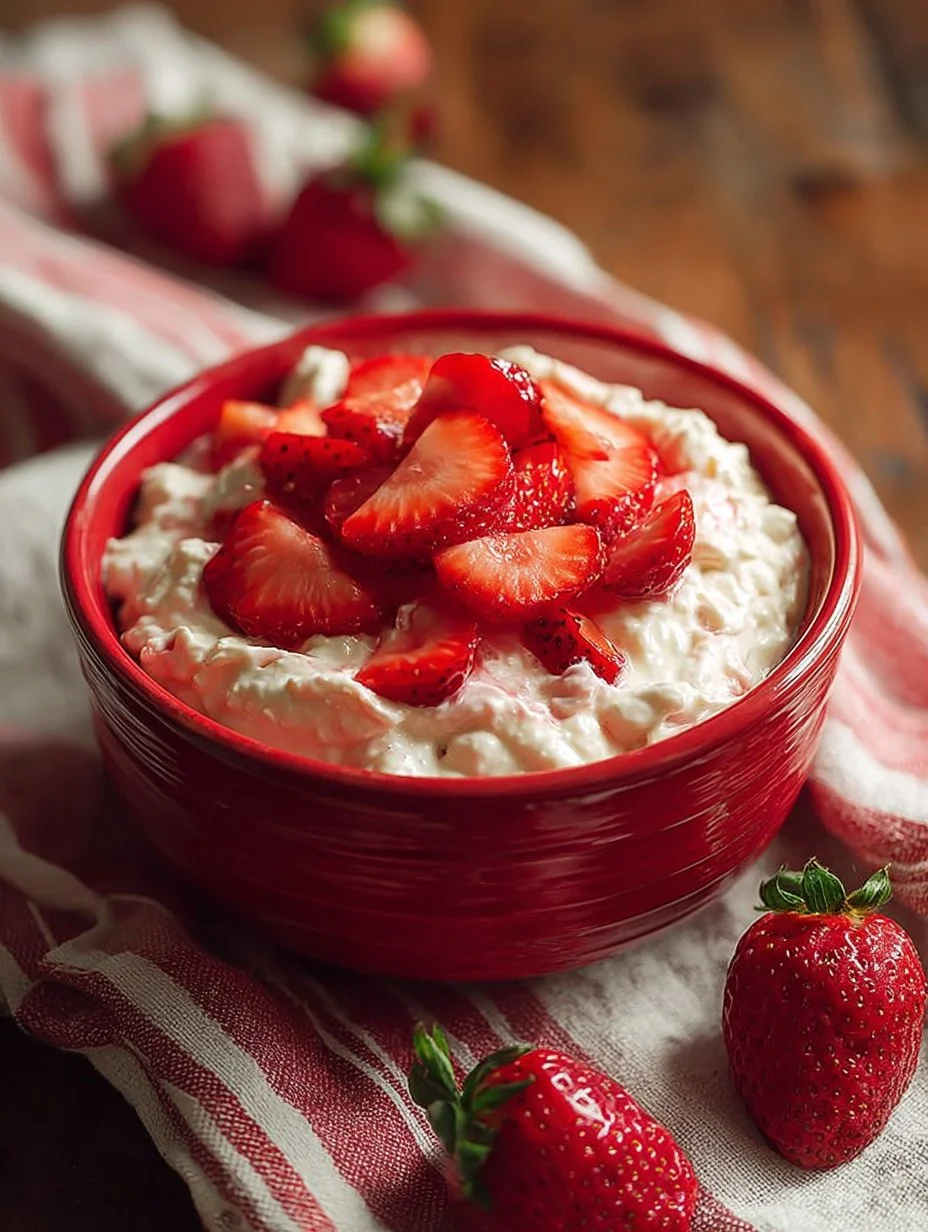 Delicious Strawberry Fluff Salad served in a bowl with fresh strawberries and whipped cream