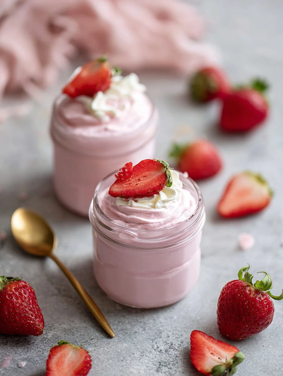 Creamy strawberry mousse topped with fresh strawberries in a glass dish.