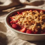 Delicious homemade Strawberry Rhubarb Crisp with a golden topping