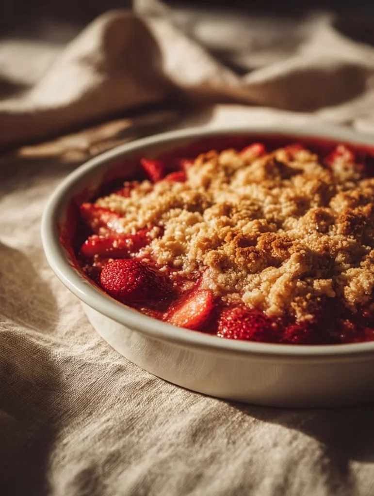 Delicious homemade Strawberry Rhubarb Crisp with a golden topping