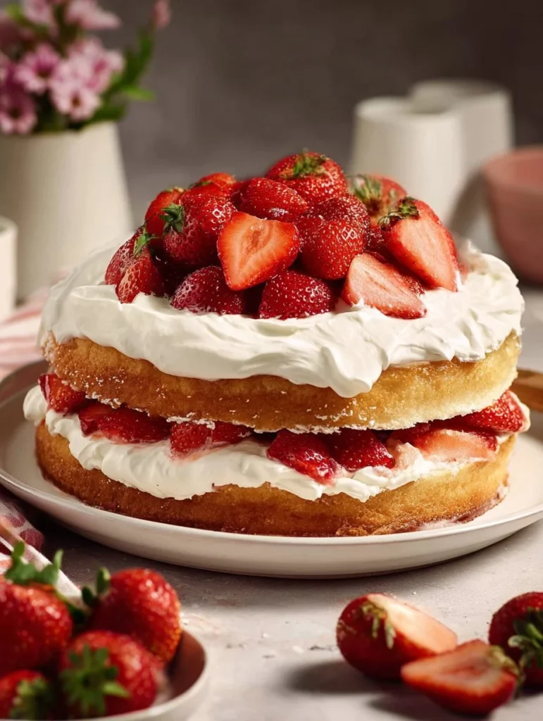Delicious homemade strawberry shortcake cake decorated with fresh strawberries