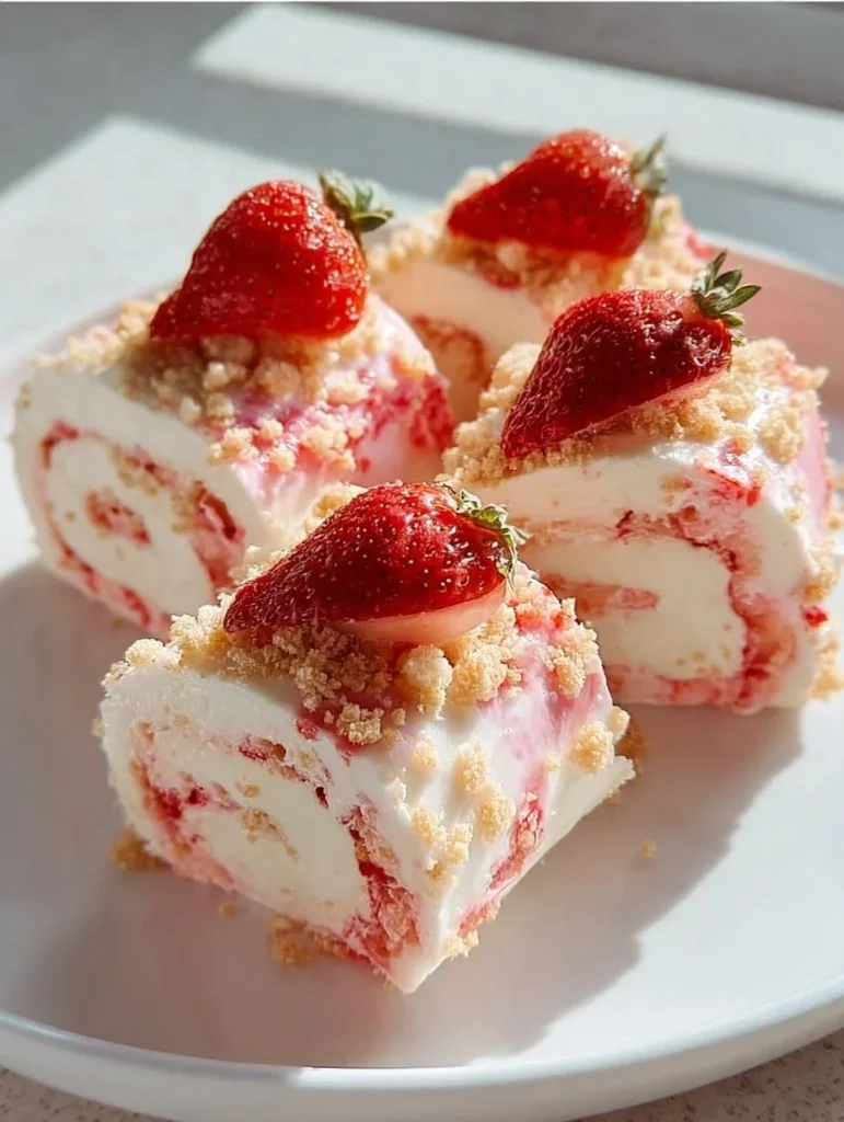 Delicious strawberry shortcake cheesecake rolls on a plate topped with fresh strawberries.