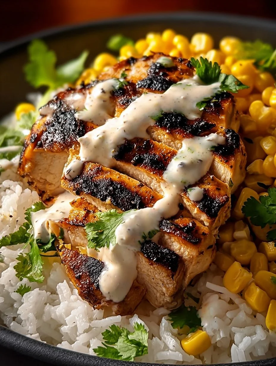 Delicious Street Corn Chicken Rice Bowl with vibrant toppings and flavors.