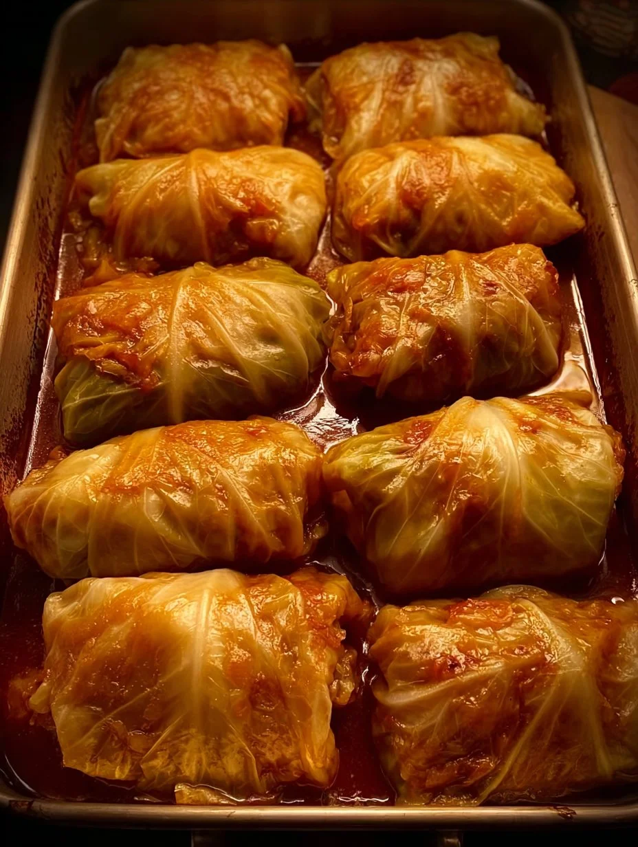 Stuffed cabbage rolls served on a plate with sauce and herbs.