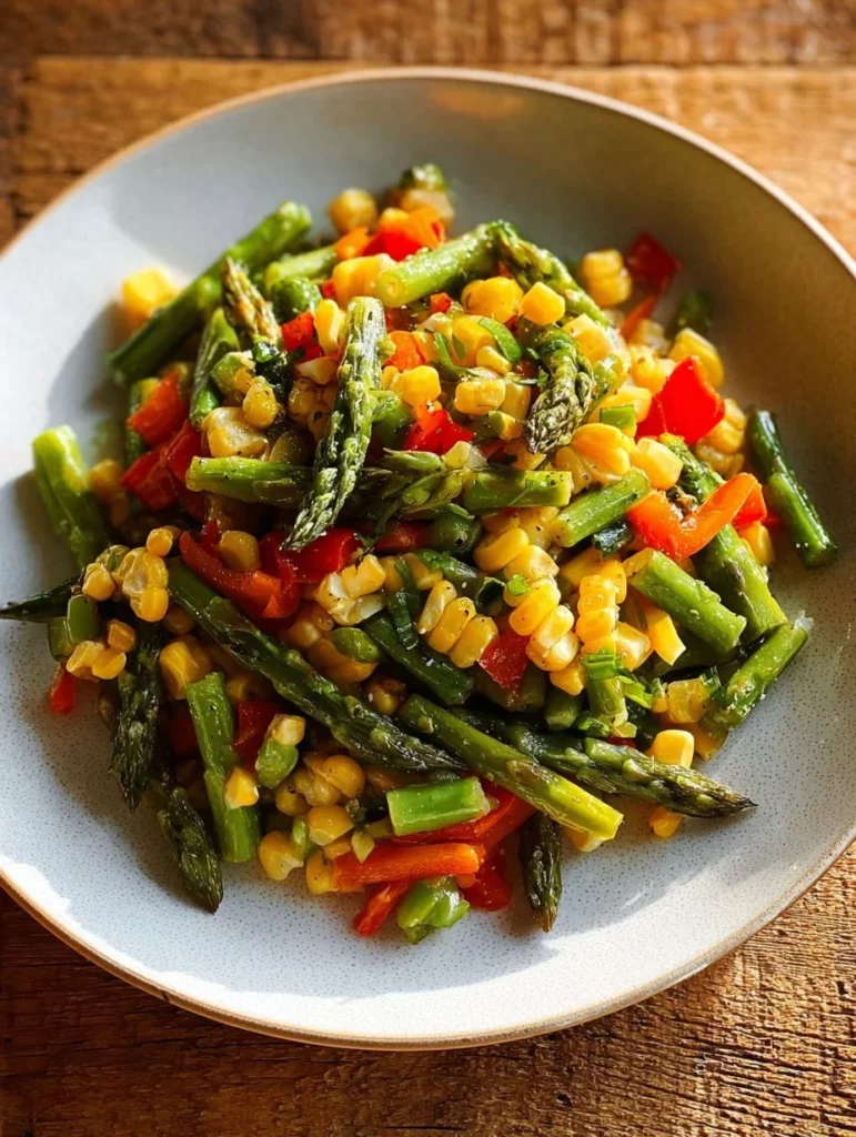 Colorful summer corn salad with asparagus and fresh vegetables