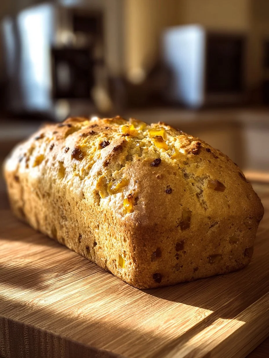 Slice of homemade summer squash bread on a wooden table.