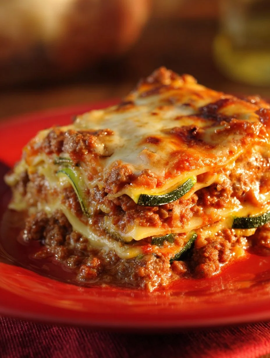 Delicious summer zucchini lasagna served on a plate with fresh basil garnish.