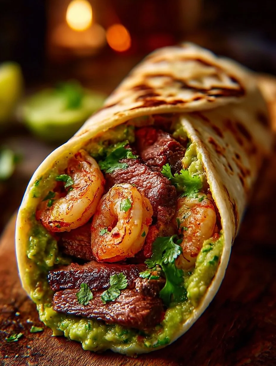 Delicious Surf and Turf Guacamole Wrap with seafood and steak