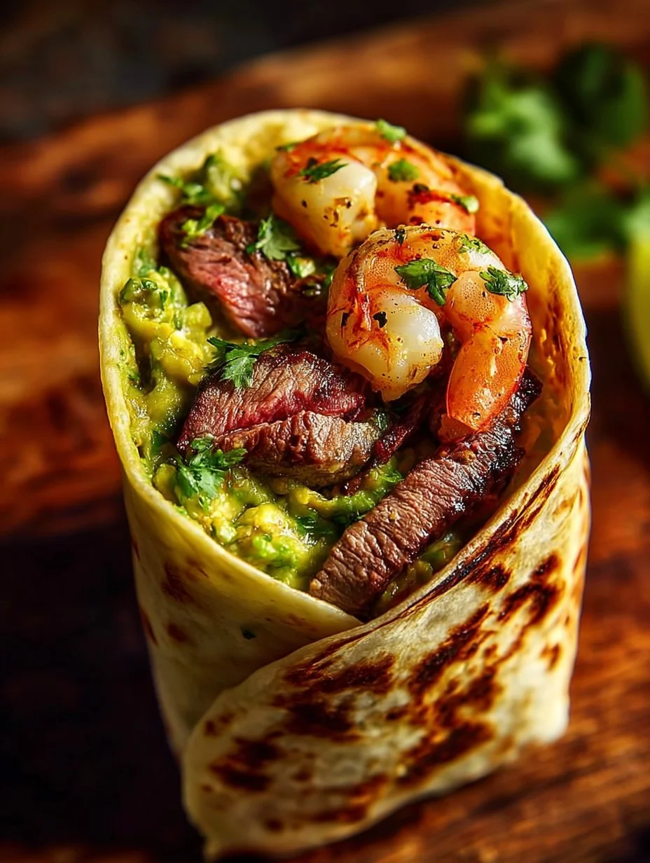 Surf and Turf Guacamole Wrap with seafood and steak filling
