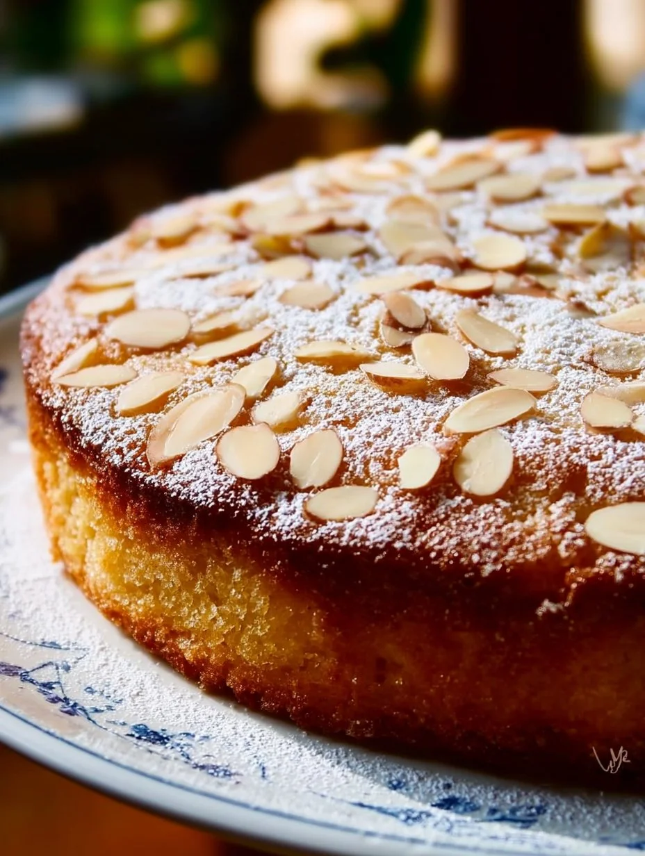 Slice of Swedish Almond Cake garnished with almonds on a wooden table