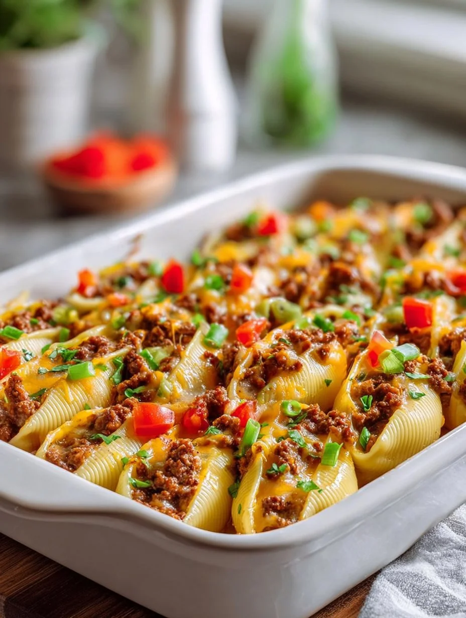 Delicious taco-filled pasta shells served on a plate.
