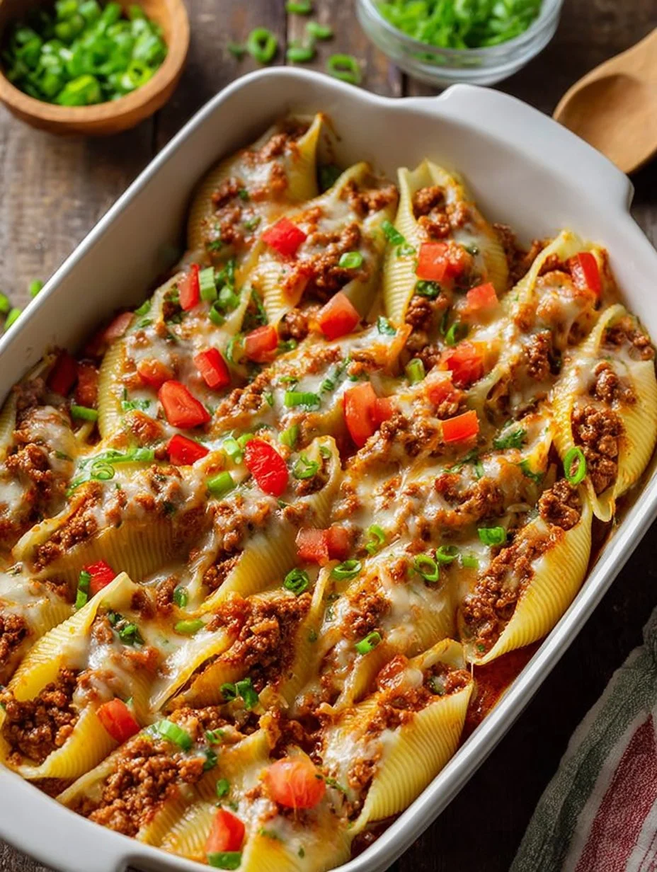 Plate of Taco-Filled Pasta Shells garnished with fresh ingredients.