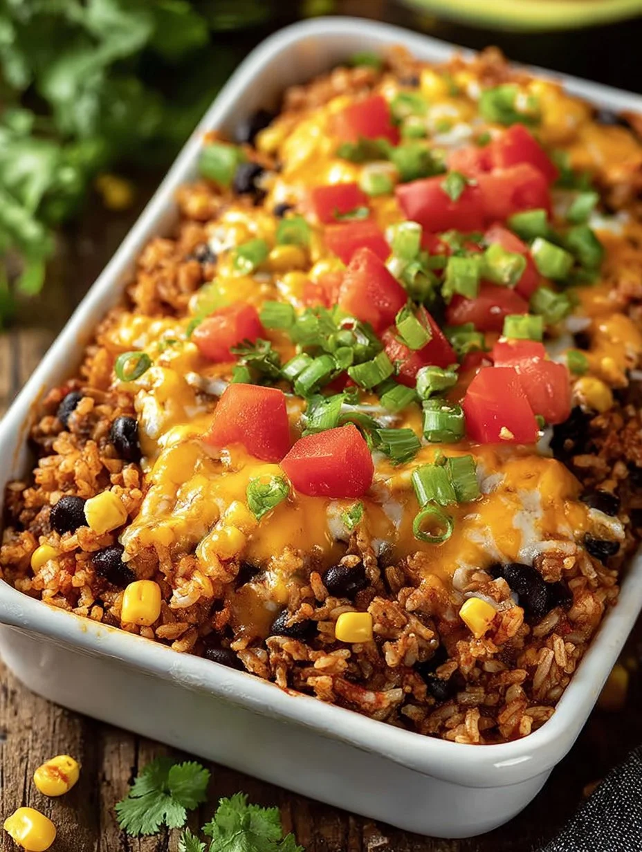 Delicious Taco Rice Casserole with layers of rice, beef, cheese, and taco flavors