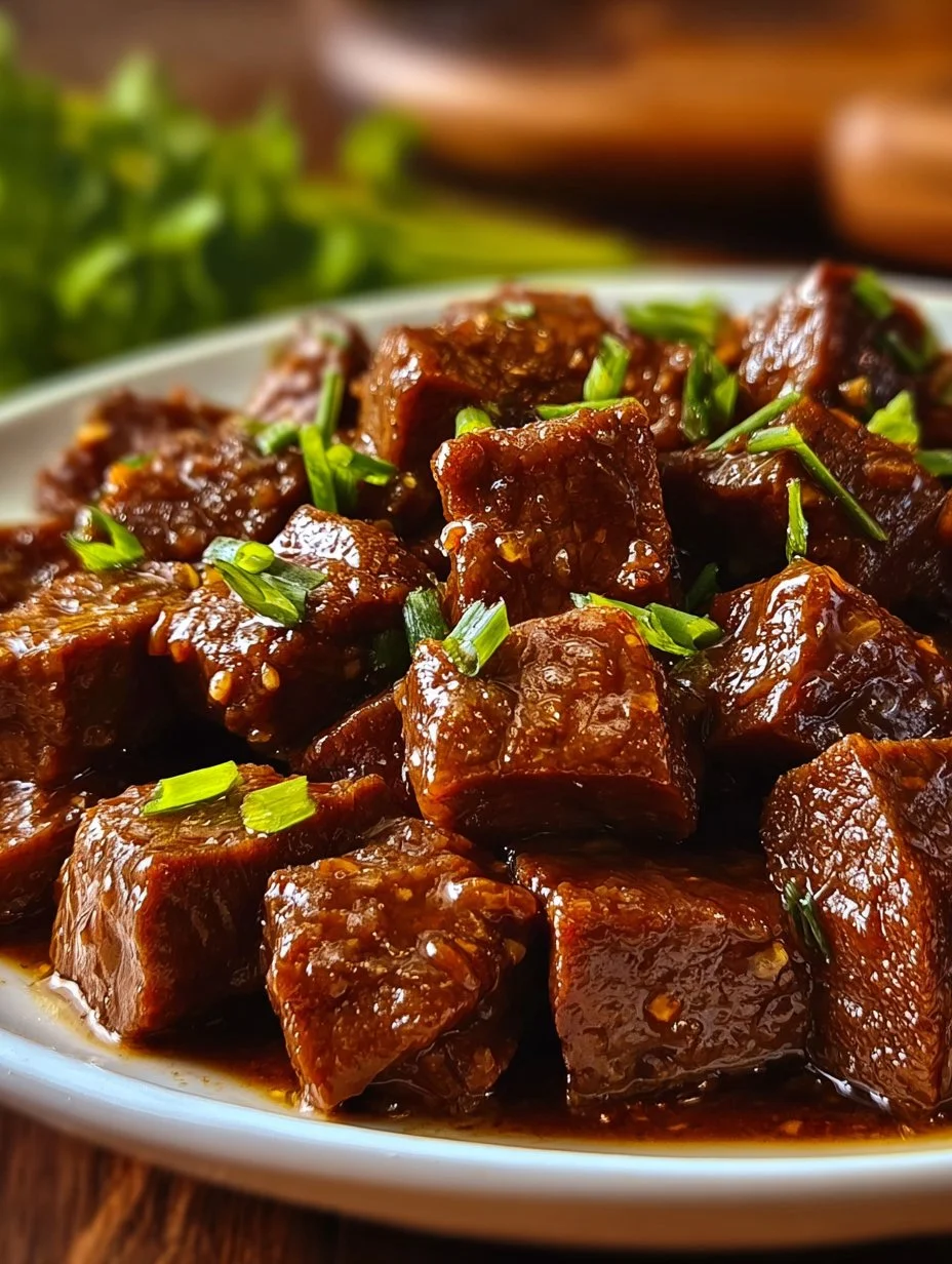 Delicious tender honey garlic steak bites cooked in a slow cooker