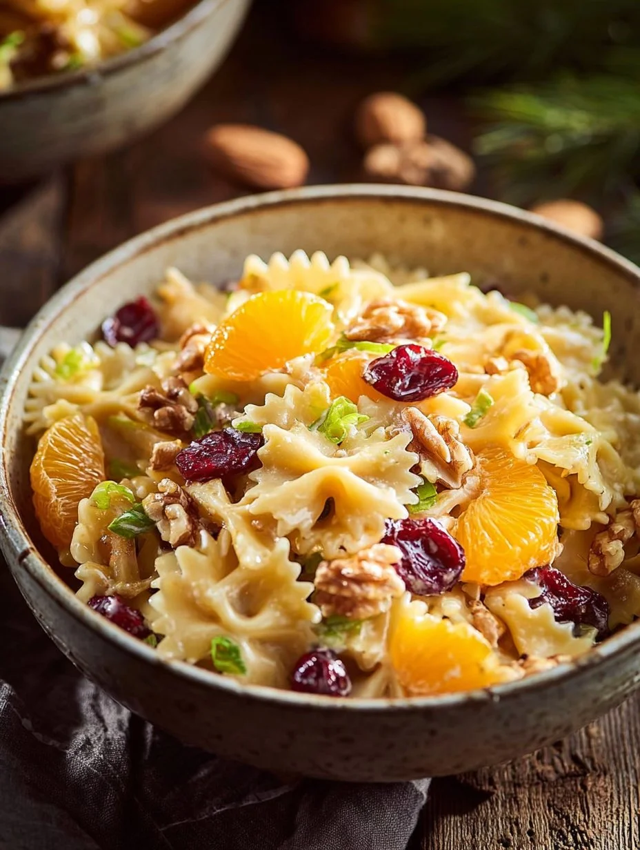 A colorful Turkey, Cranberry, and Walnut Pasta Salad in a bowl, garnished with herbs.