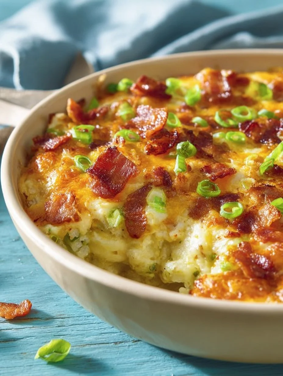 Creamy twice-baked potato casserole topped with cheese and herbs, ready to serve.