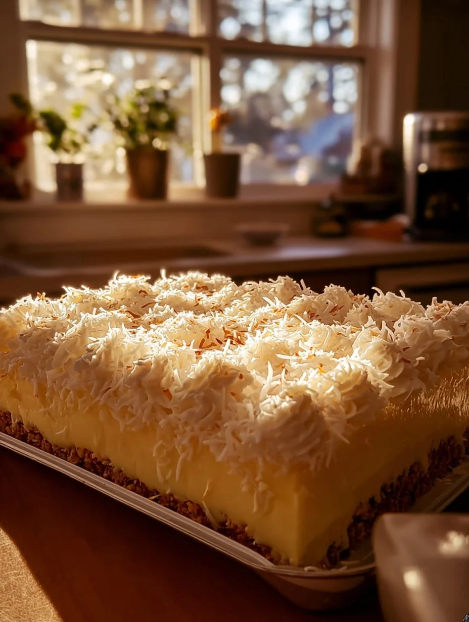 Very moist coconut sheet cake topped with coconut flakes on a decorative plate.