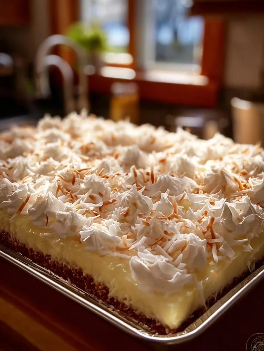 Deliciously moist coconut sheet cake topped with creamy frosting