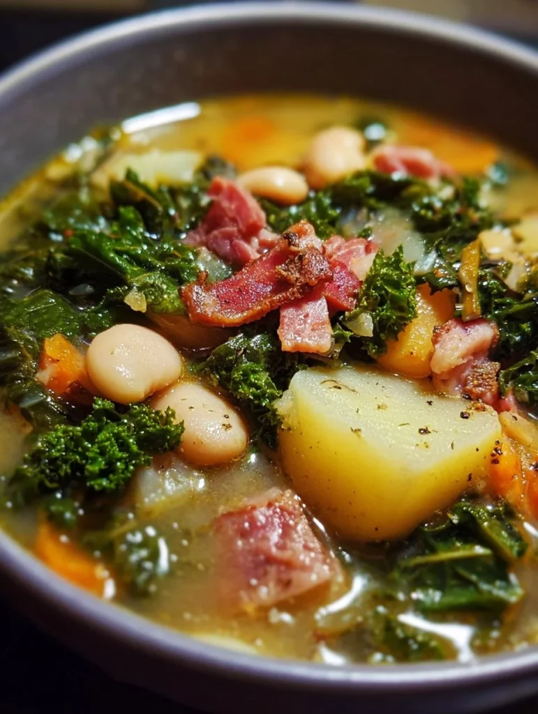 Bowl of white bean and kale sausage soup with fresh herbs