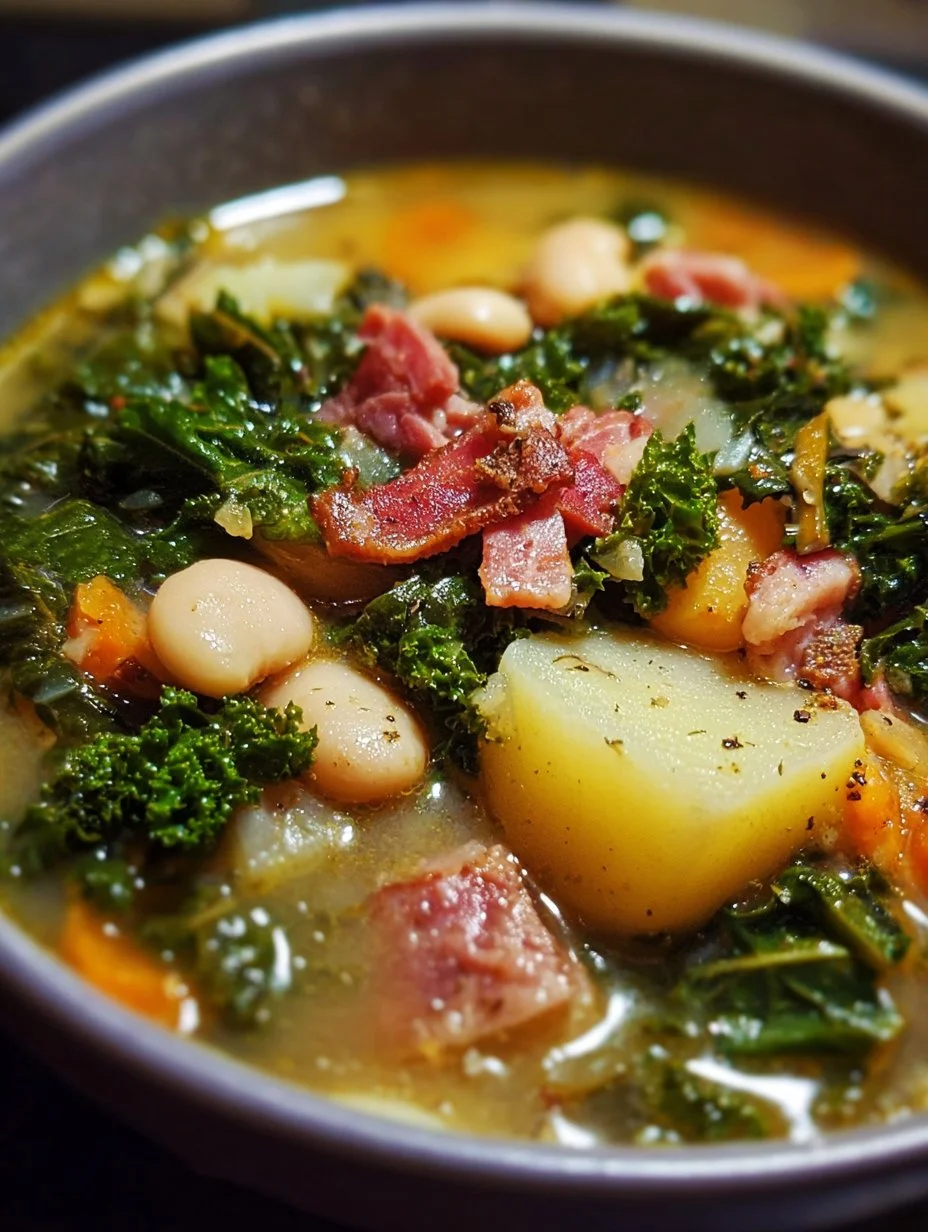 Bowl of white bean and kale sausage soup with fresh herbs