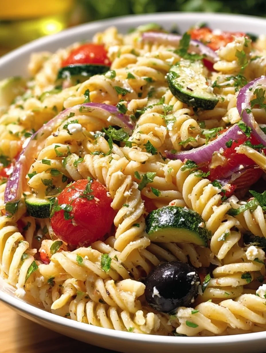 Zesty summer pasta salad with fresh vegetables and herbs in a bowl.
