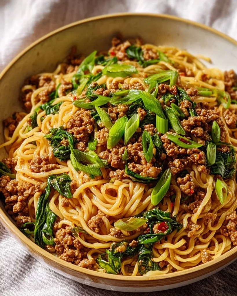 Bowl of addictive Dan Dan Noodles garnished with scallions and peanuts