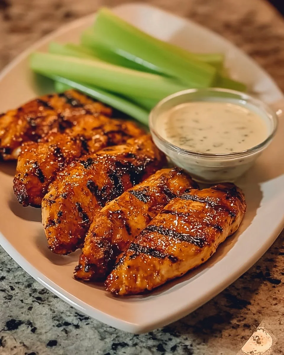 Plate of Air Fryer BBQ chicken tenders with dipping sauce
