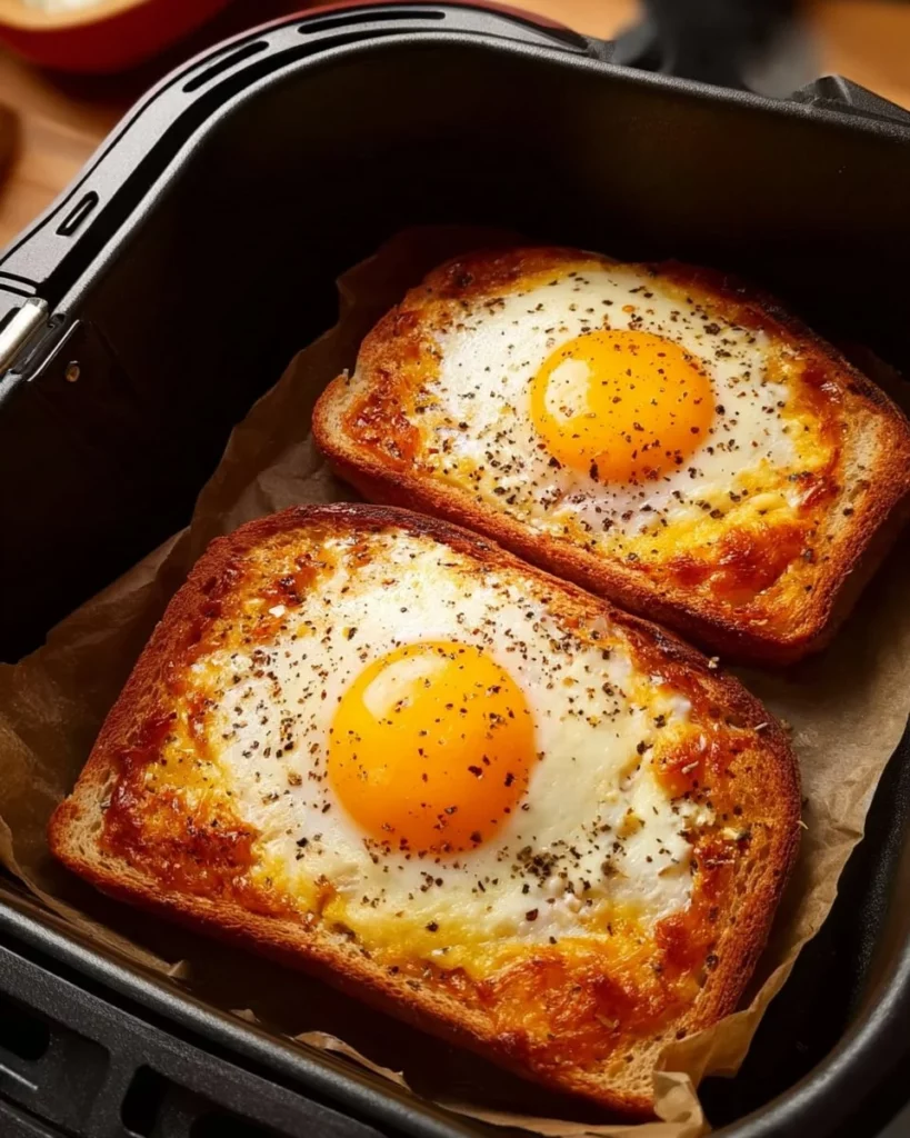 Air Fryer Cheesy Egg Toast recipe with melted cheese and perfectly cooked eggs.