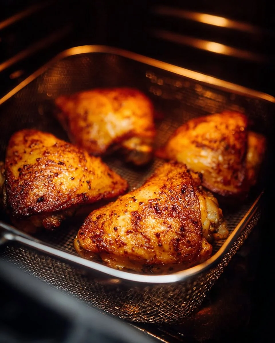 Crispy air fryer chicken thighs garnished with herbs on a plate