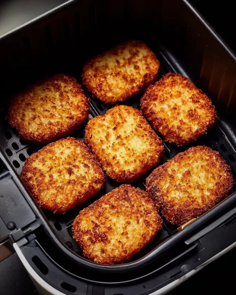 Air fryer crispy hash browns cooked to golden perfection