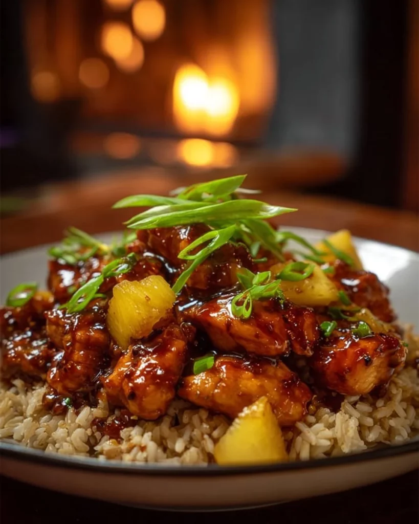Airfryer Pineapple Chicken served with rice, a healthy and flavorful dish.