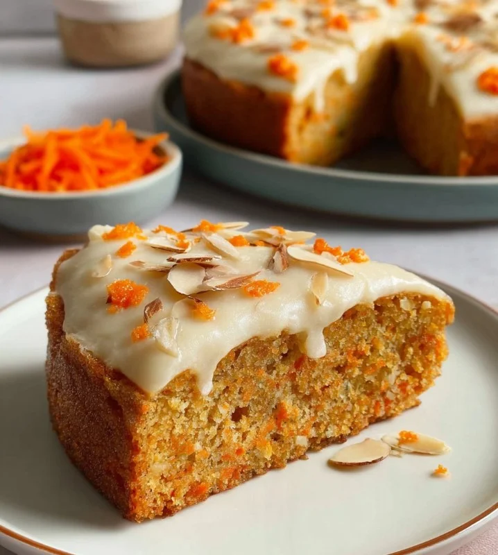 Almond Flour Carrot Yogurt Cake topped with cream and walnuts