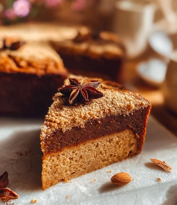 Almond Flour Coffee Yogurt Cake topped with coffee glaze and almonds.