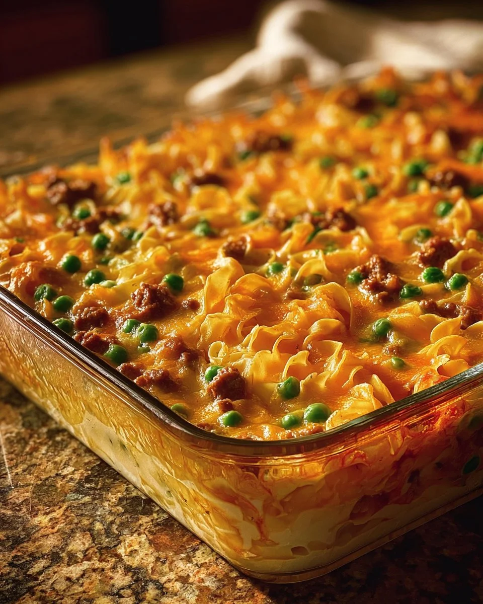 Delicious Amish Sunday Savior Casserole served in a baking dish.