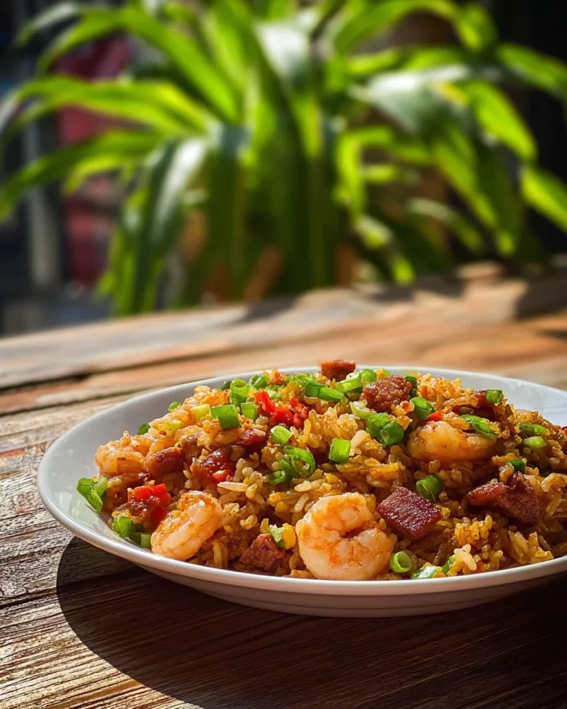 Delicious Andouille, shrimp, and crawfish fried rice dish served on a plate