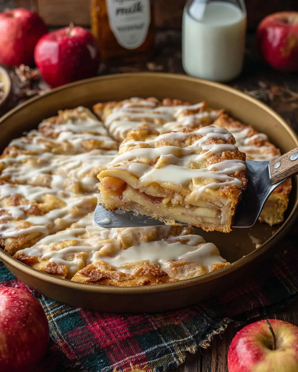 Delicious apple pie bars topped with creamy frosting and cinnamon.