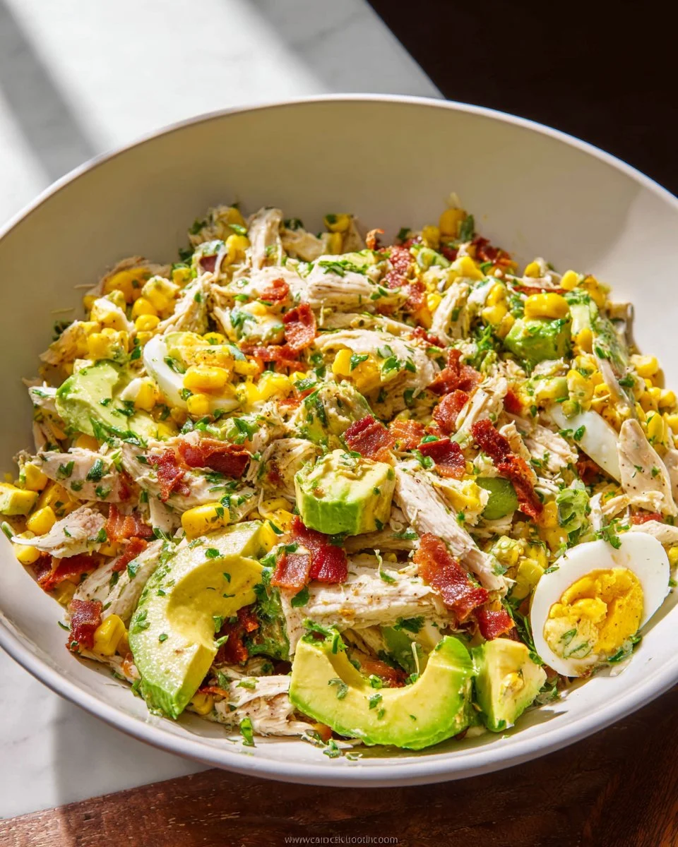 Fresh Avocado Chicken Salad with greens and colorful toppings