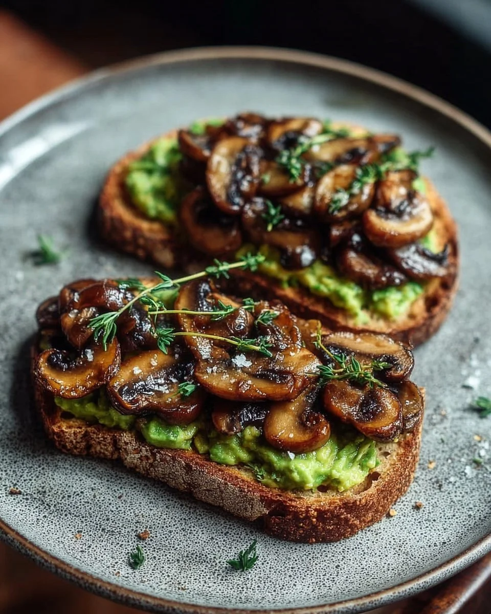 Delicious avocado garlicky mushroom toast topped with herbs.