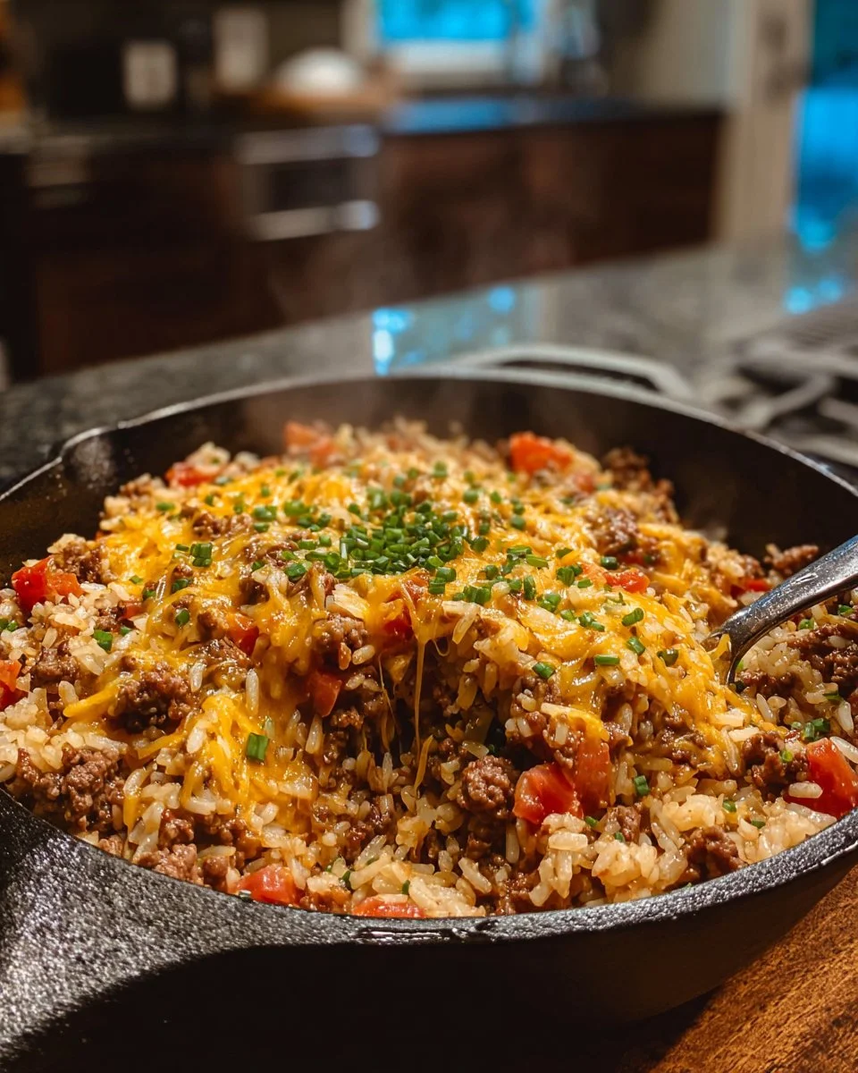 Plate of Bacon Cheeseburger Rice topped with melted cheese and crispy bacon