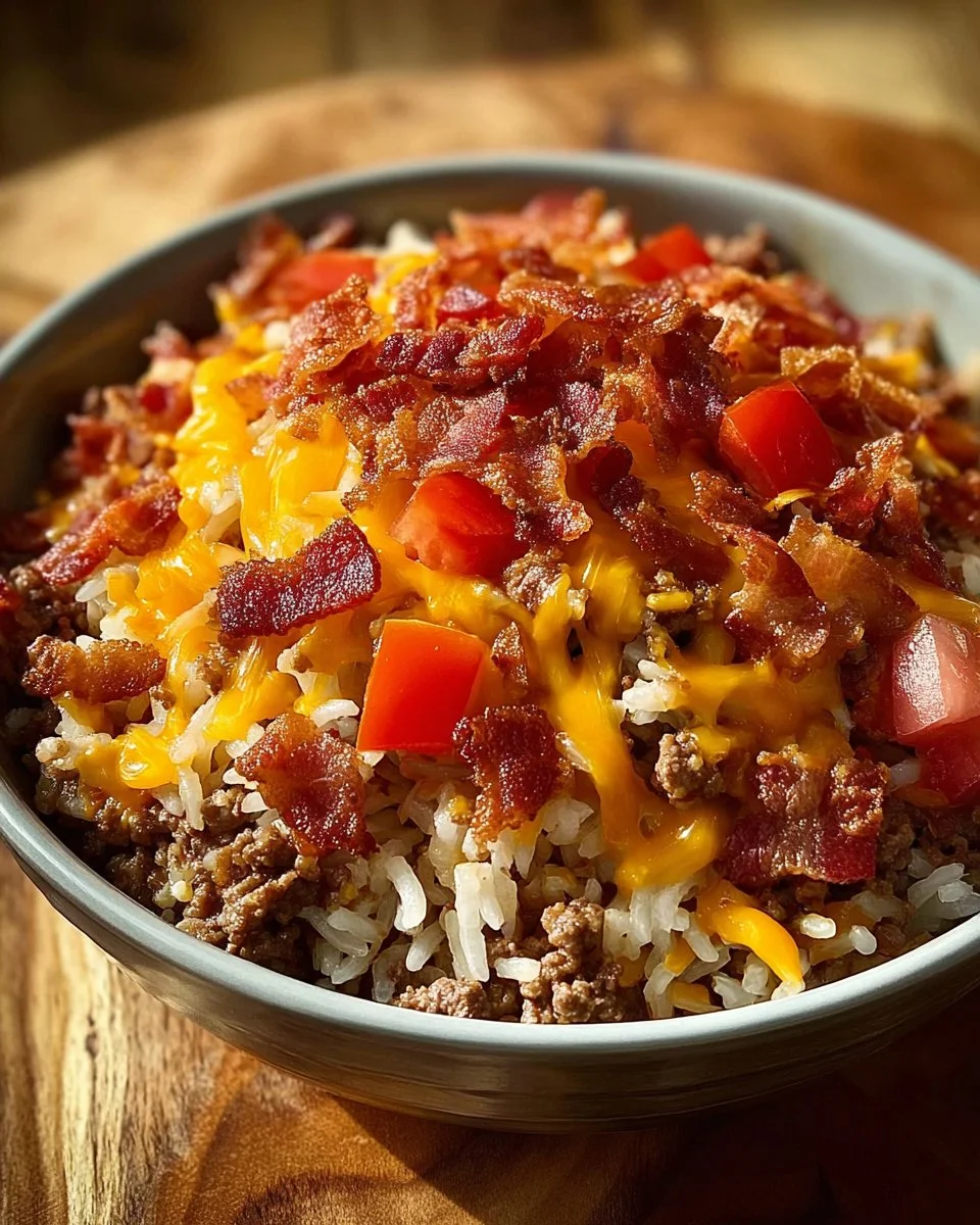 Bacon cheeseburger rice bowl topped with cheese and crispy bacon.
