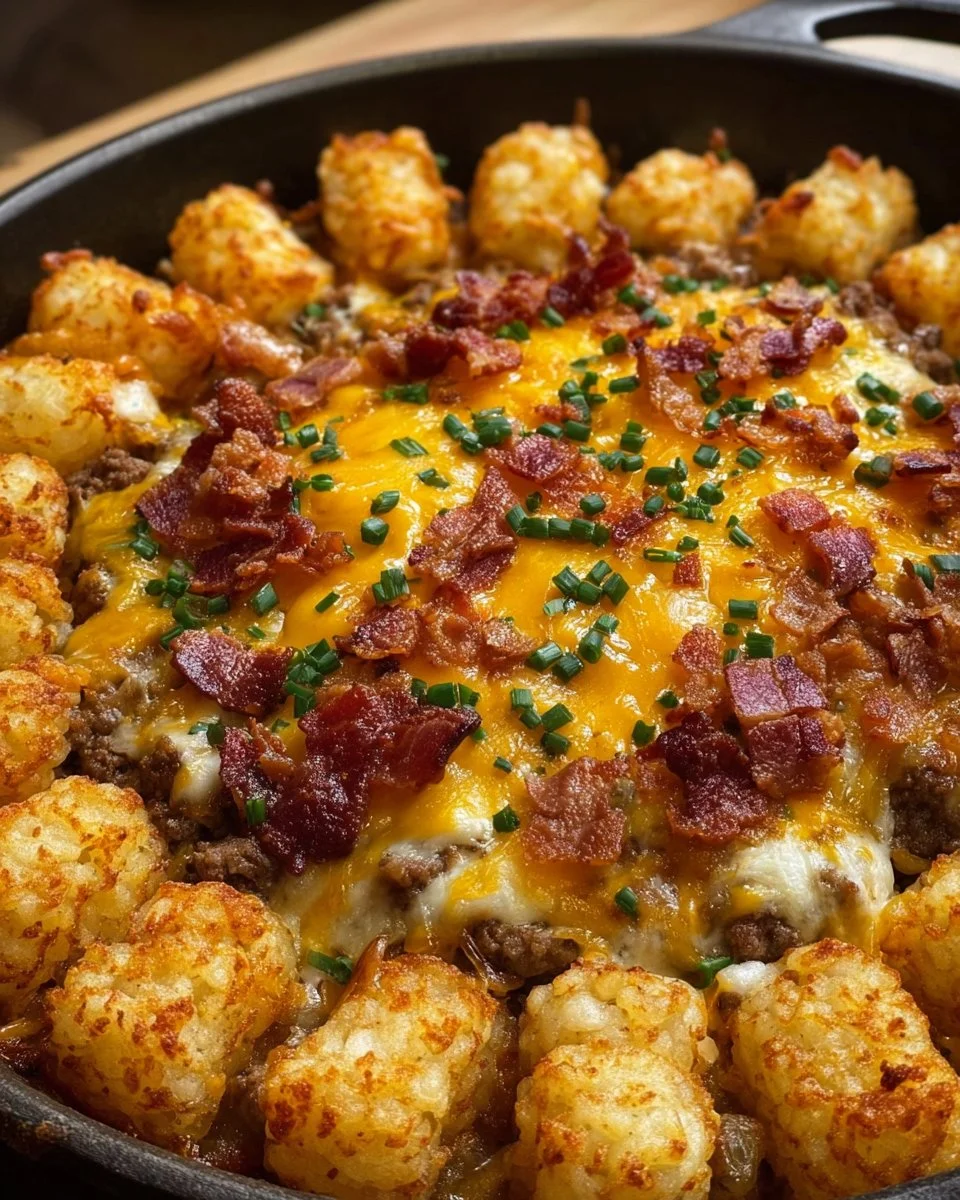 Delicious Bacon Cheeseburger Casserole with tater tots and cheese