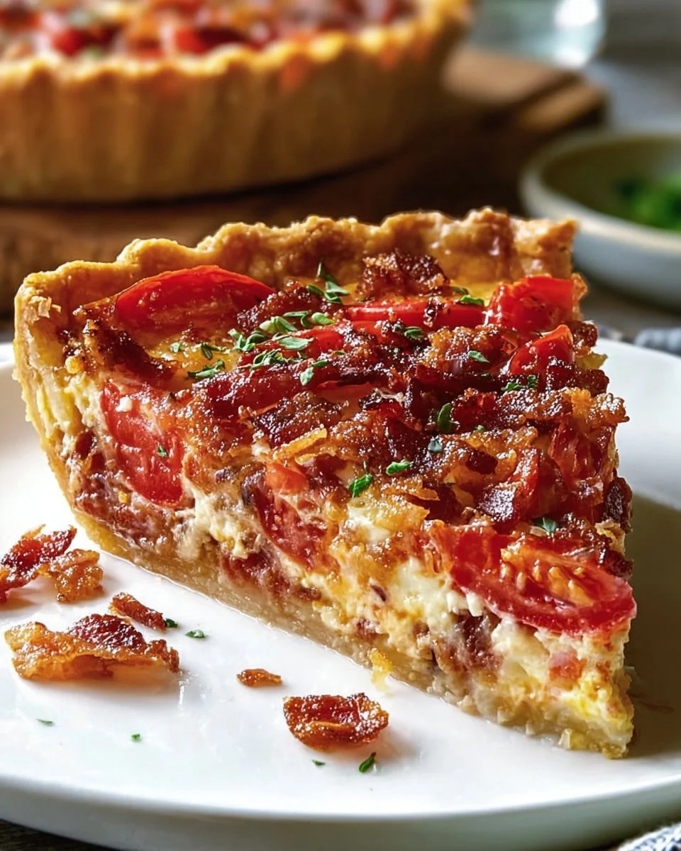 Delicious Bacon Onion Tomato Pie served hot, showcasing crispy bacon and fresh ingredients.