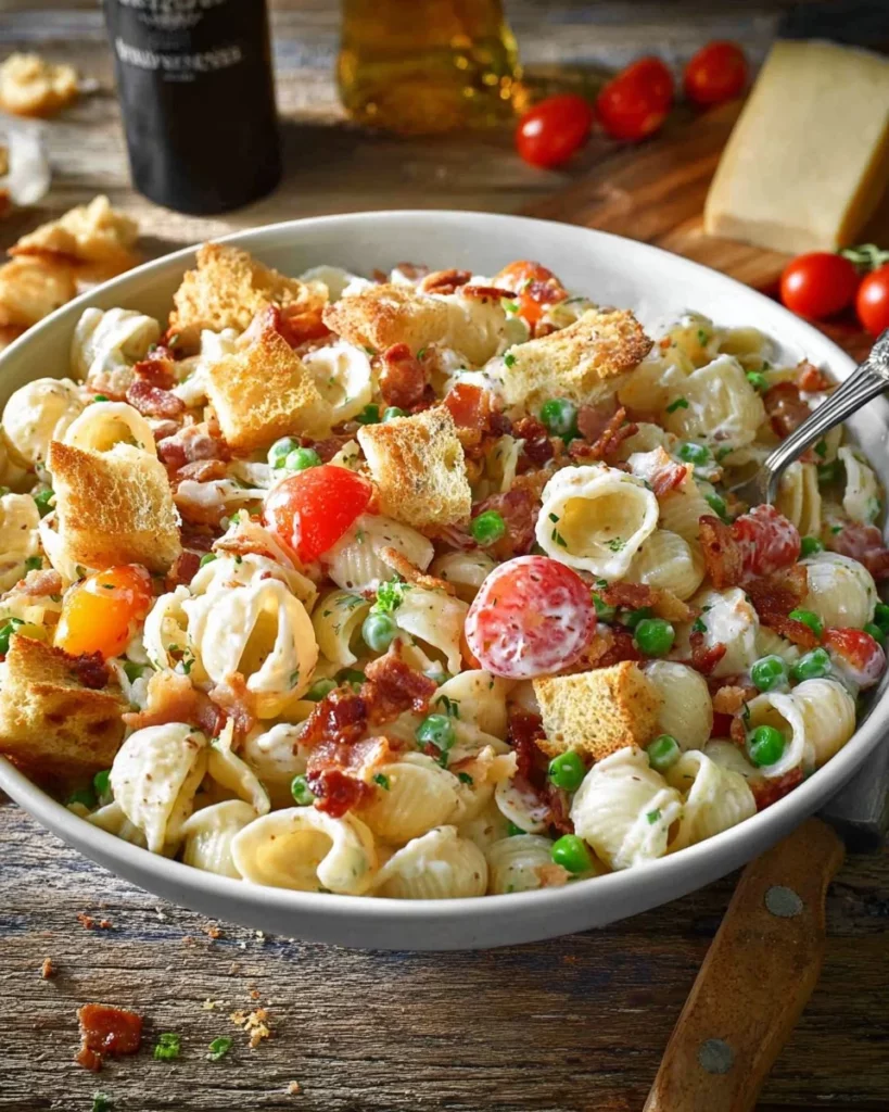 Bacon Ranch Pasta Salad served in a bowl with fresh ingredients and dressing